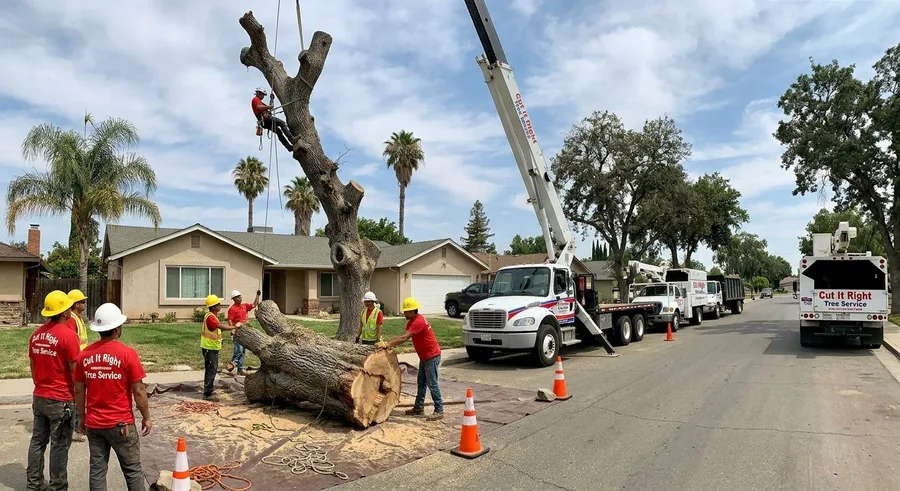 Cut Rite Tree Service crew on a large hazardous removal in Fresno